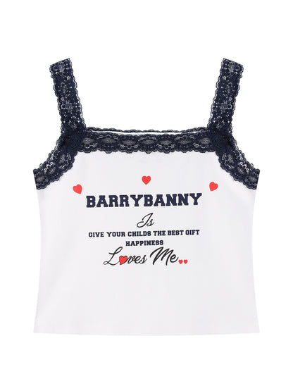 Girls Lace Trim Letter Print Summer Tank Top Cami