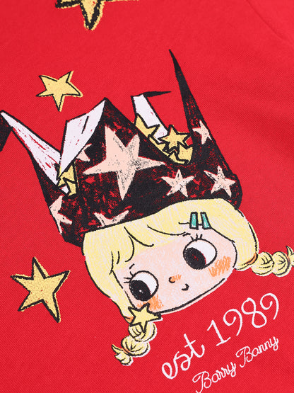 Girls Red Pullover Crewneck Cotton Long Sleeve Top