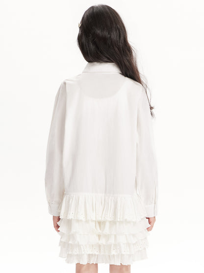 Girls White Ruffle Shirt Dress with Collar and Heart Pocket