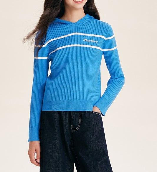 Girls' Striped Knit Hoodie Sweater with Long Sleeves