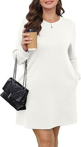 Cozy Long Sleeve Crewneck Sweatshirt Dress with Pockets