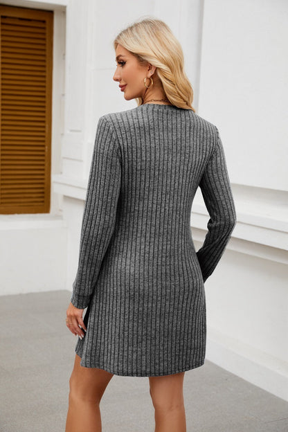 V Neck Ribbed Knit Dress - Brushed Long Sleeve Mini