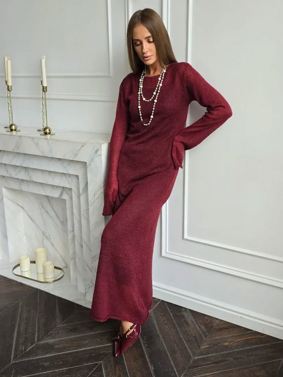 Sheer Knit Maxi Dress Set Long Sleeve Overlay with Slip