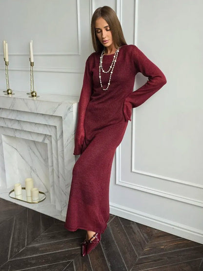 Sheer Knit Maxi Dress Set Long Sleeve Overlay with Slip