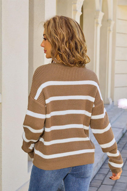 Striped Colorblock Knit Sweater, Retro Style, Loose Fit