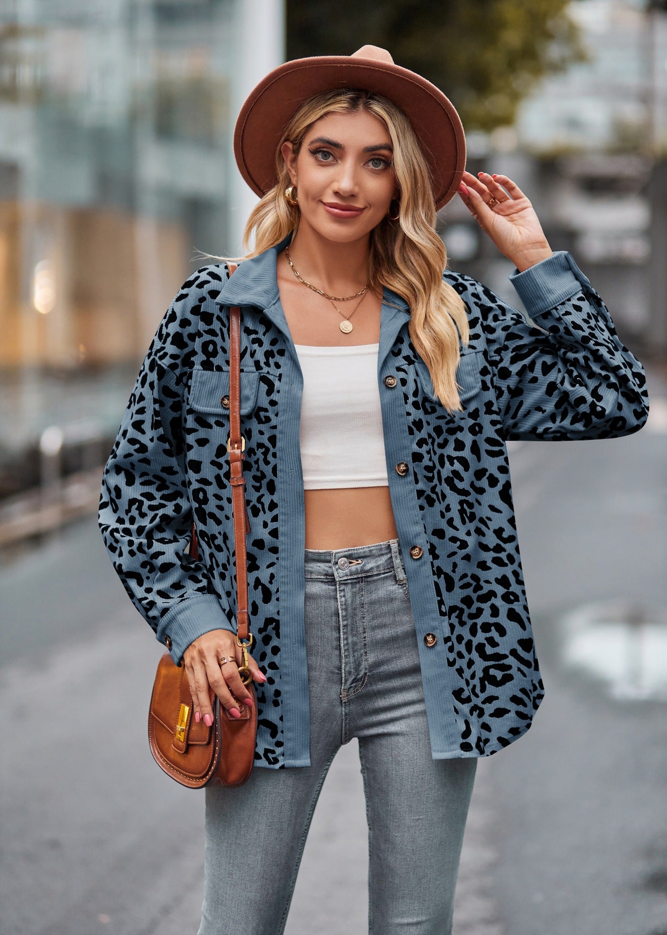 Leopard Print Corduroy Button Down Oversized Shirt Jacket
