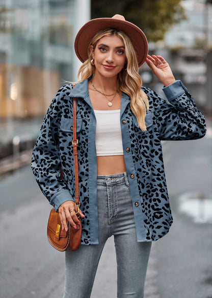 Leopard Print Corduroy Button Down Oversized Shirt Jacket