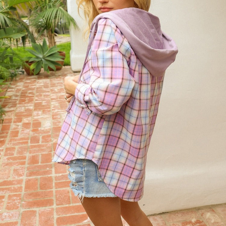 Hooded Plaid Button-Up Jacket - Casual Oversized Shacket