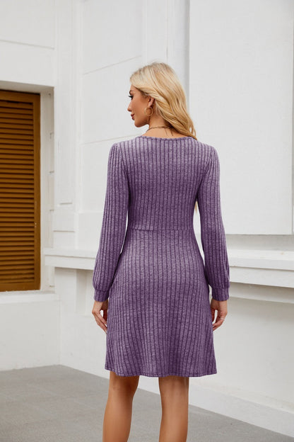 Square Neck Ribbed Knit Dress with Pockets