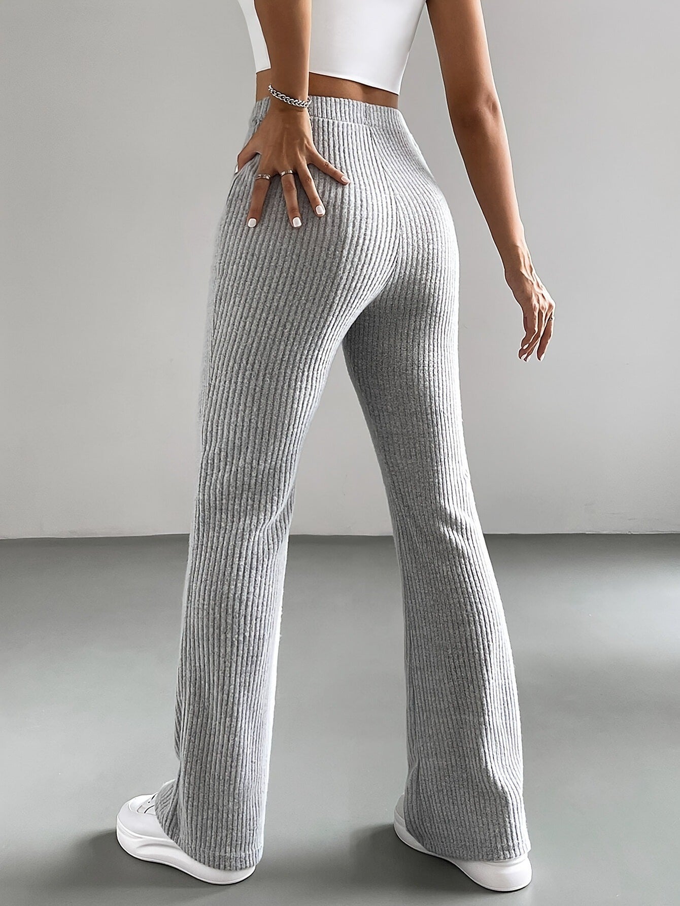 High Waist Ribbed Knit Flare Pants for Women