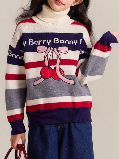 Girls Turtleneck Striped Sweater with Cherry Design