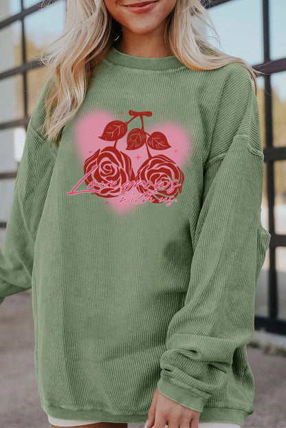 Valentine Rose Heart Corduroy Ribbed Oversized Sweatshirt