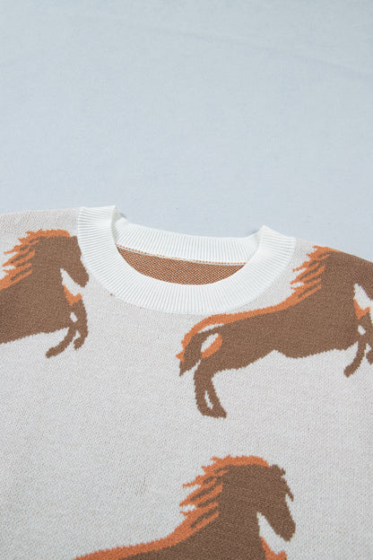 Western Horse Print Puff Sleeve Knit Sweater Top