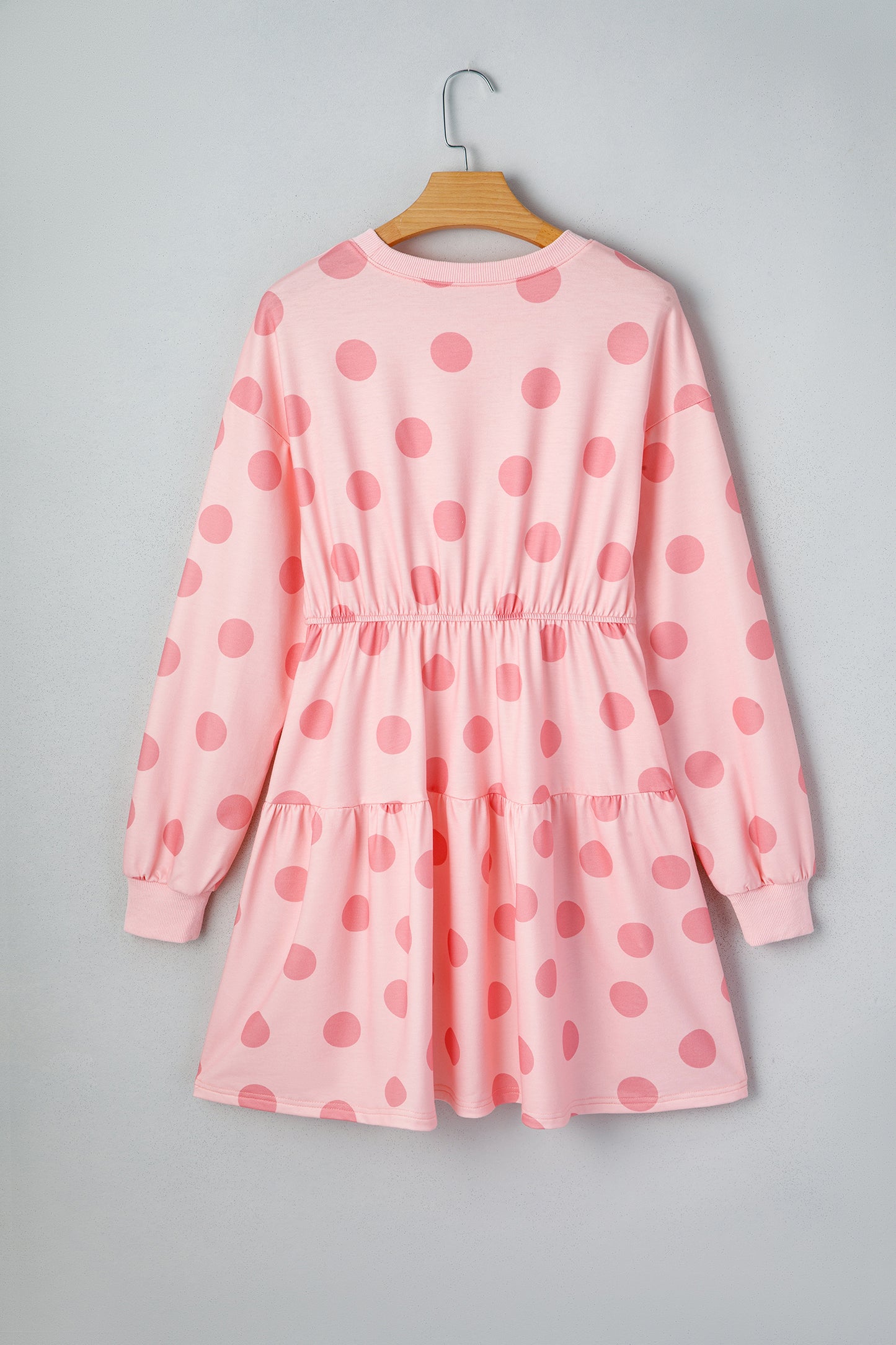 Pink Polka Dot Long Sleeve Tiered Mini Dress