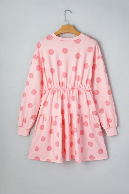 Pink Polka Dot Long Sleeve Tiered Mini Dress