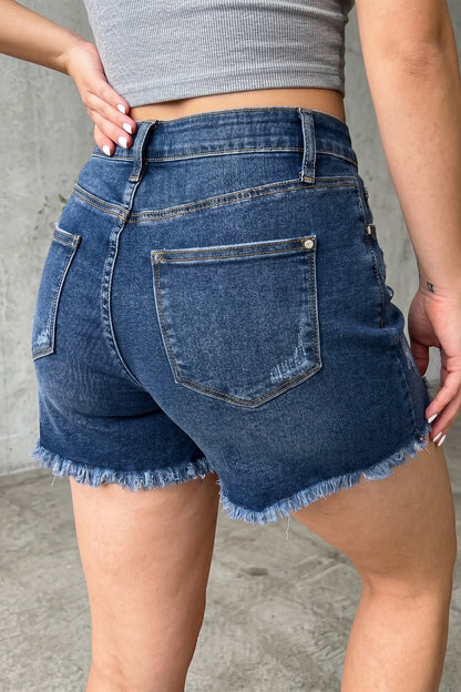 Sail Blue High-Waist Distressed Raw Hem Denim Shorts