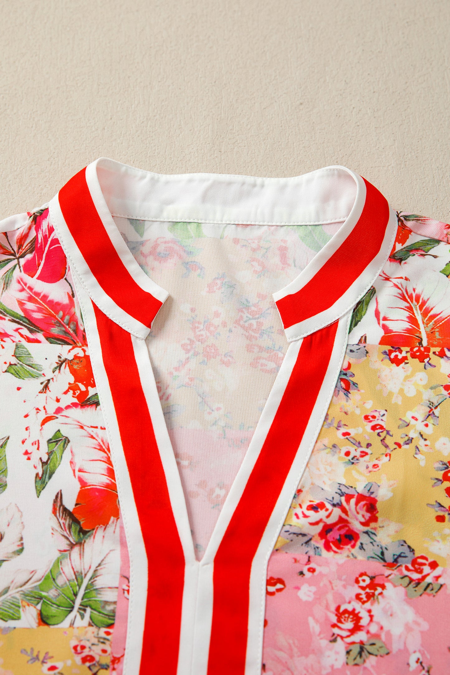 Pink Floral V Neck Puff Sleeve Blouse Women Summer Top