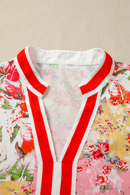 Pink Floral V Neck Puff Sleeve Blouse Women Summer Top