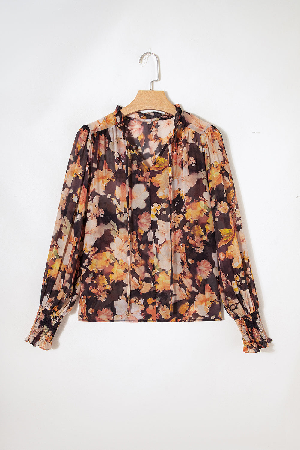 Black Floral Print V Neck Long Sleeve Smocked Cuff Blouse