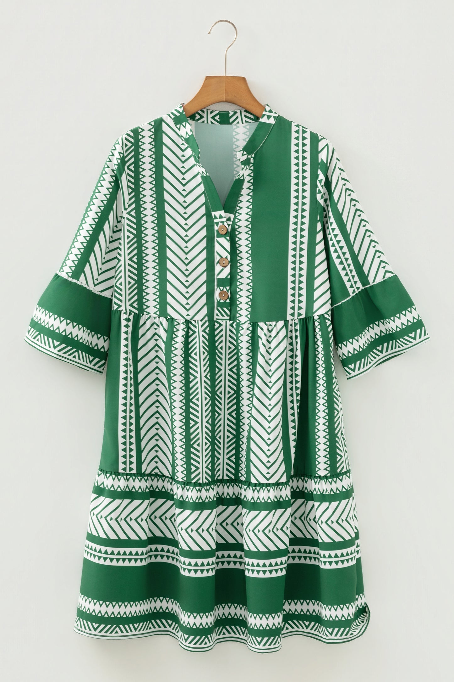 Boho Ethnic Print Mini Dress Women 3 4 Sleeve Button