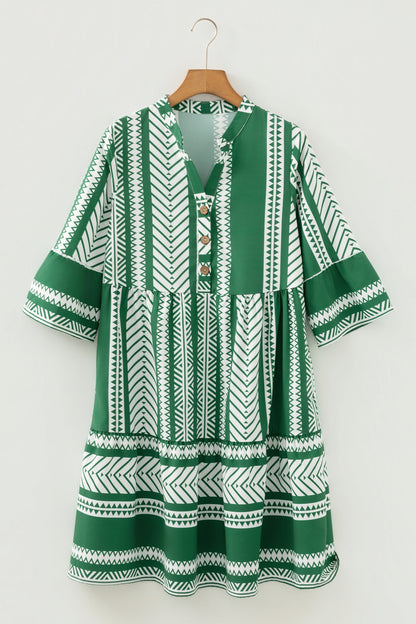 Boho Ethnic Print Mini Dress Women 3 4 Sleeve Button