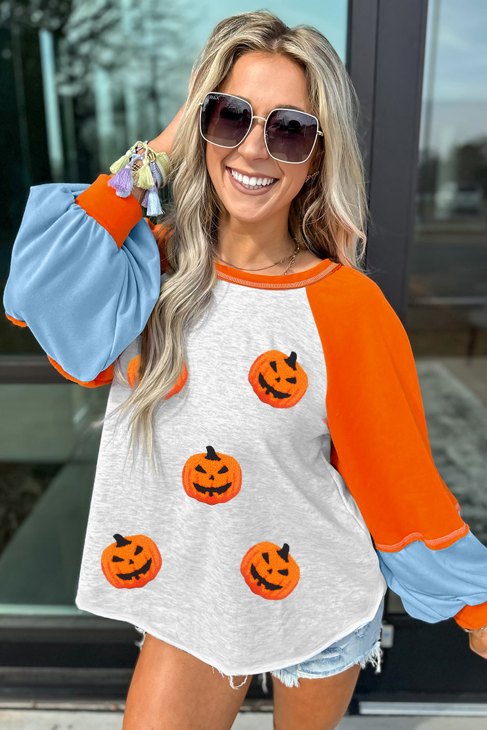 Chenille Pumpkin Halloween Color Block Long Sleeve Top