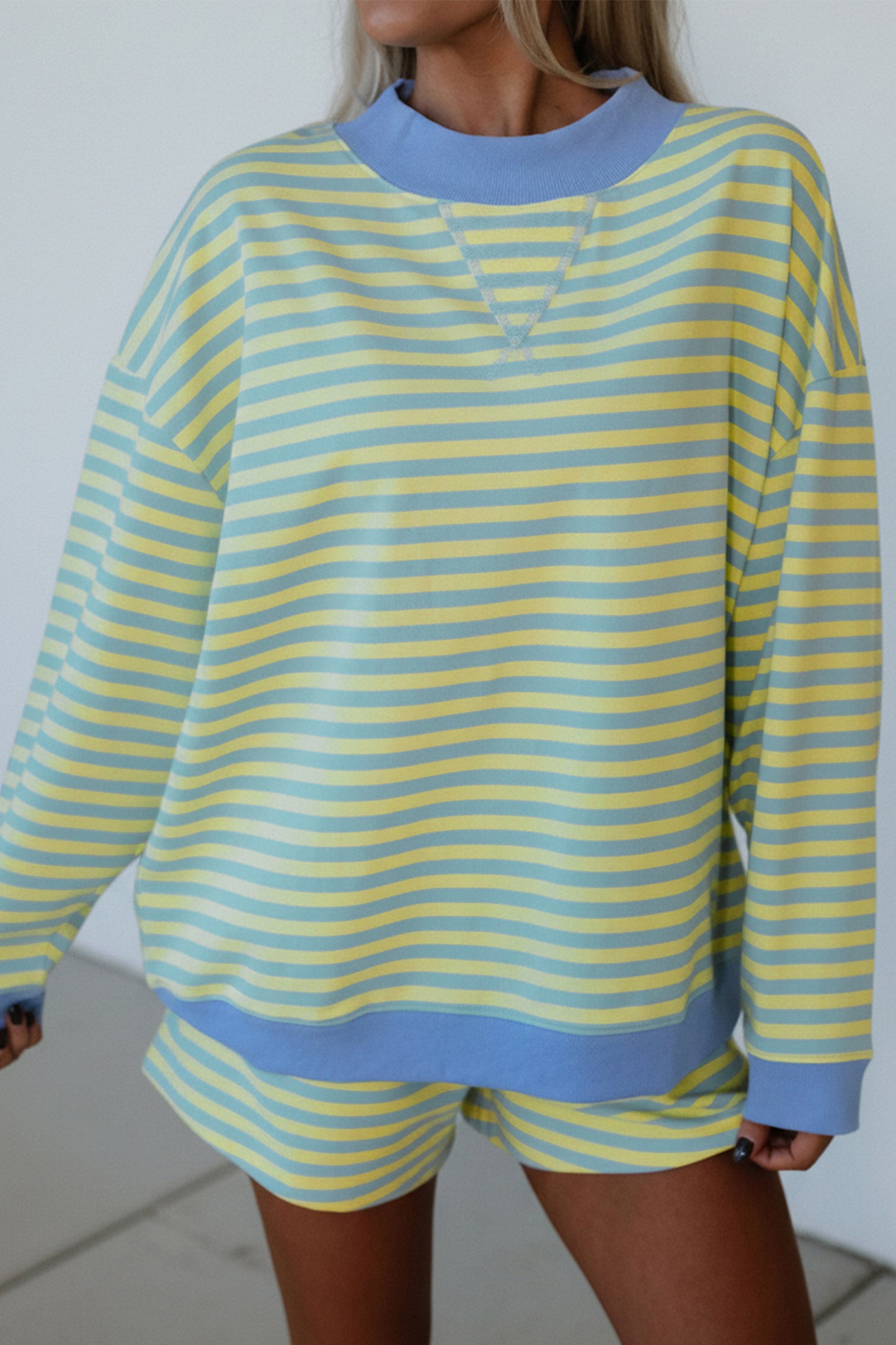 Striped Long Sleeve Pullover and Shorts Lounge Set