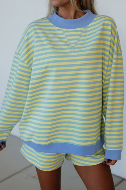 Striped Long Sleeve Pullover and Shorts Lounge Set