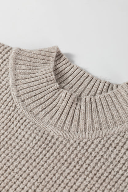 Waffle Knit High Neck Drop Shoulder Ribbed Sweater