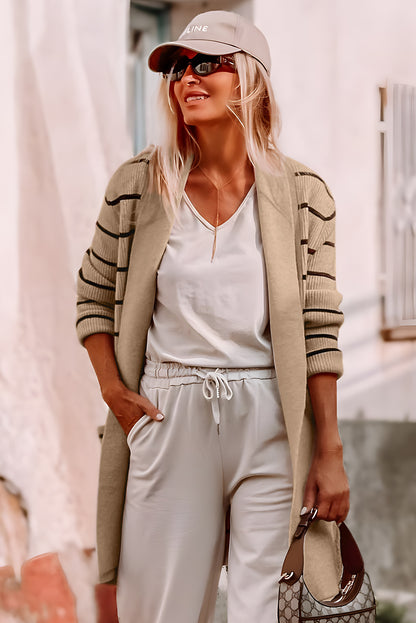 Black Stripe Open Front Shawl Cardigan with Pockets