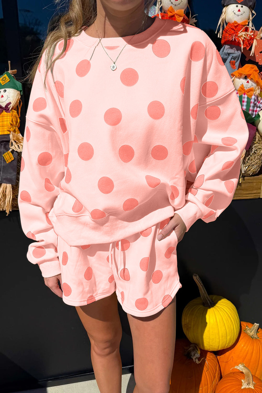 Pink Polka Dot Drop Shoulder Pullover Shorts Set