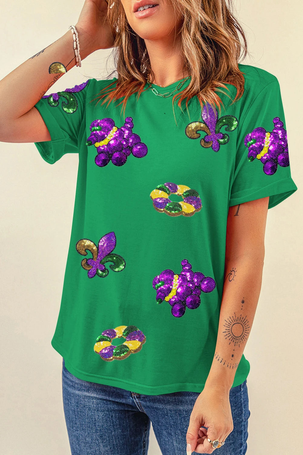 Green Mardi Gras Sequin Patch Graphic Short Sleeve Tee