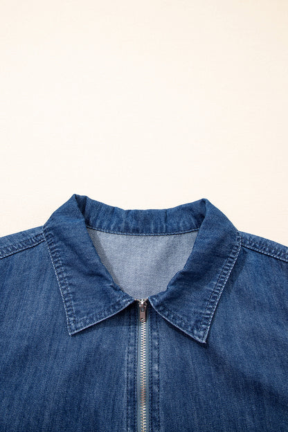 Blue Zip Front Collared Pocket Shift Denim Mini Dress