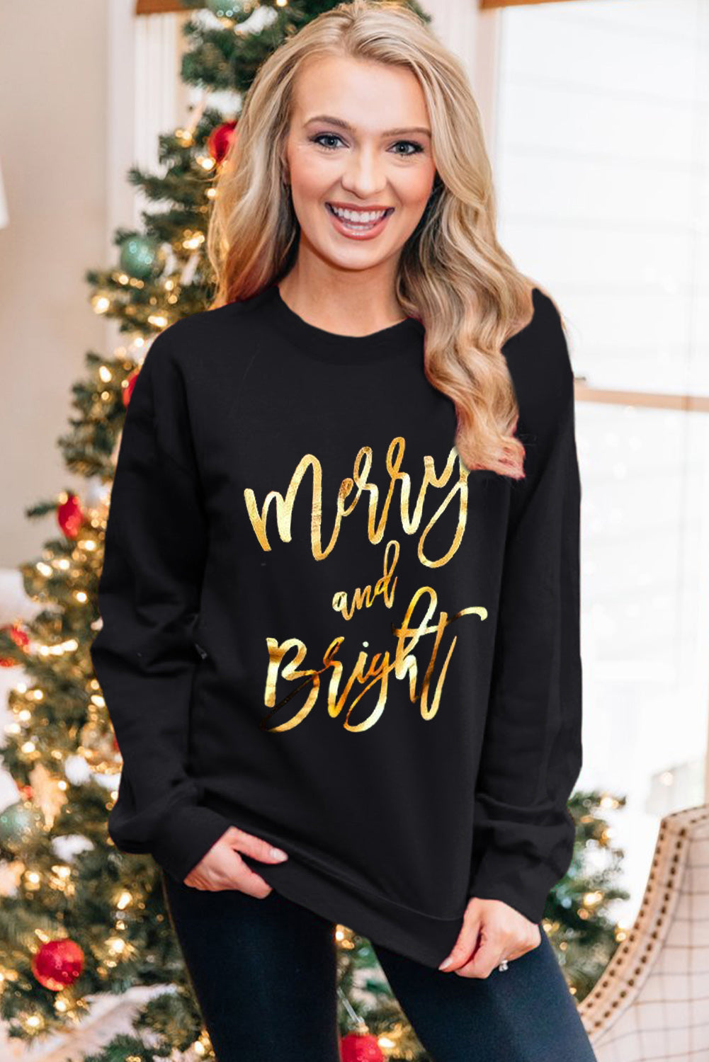 Black Merry and Bright Christmas Graphic Pullover Sweatshirt