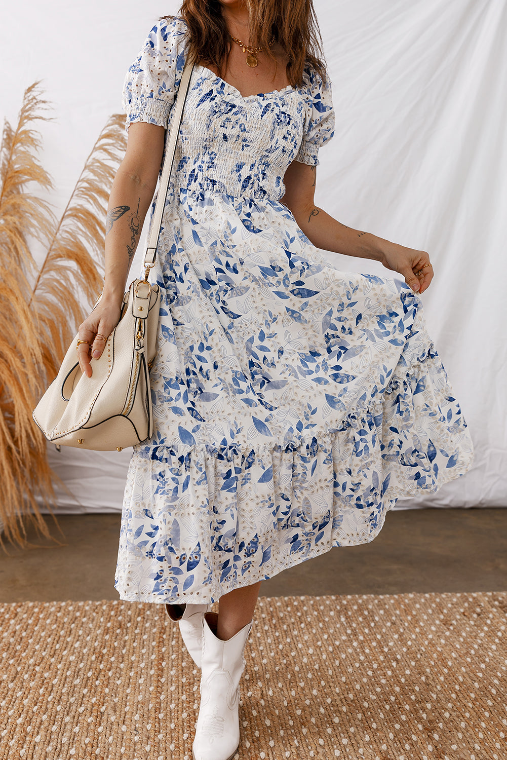Sky Blue Floral Smocked Bodice Puff Sleeve Midi Dress