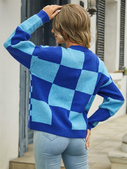 Checkerboard Colorblock Knit Cardigan - Oversized Fit
