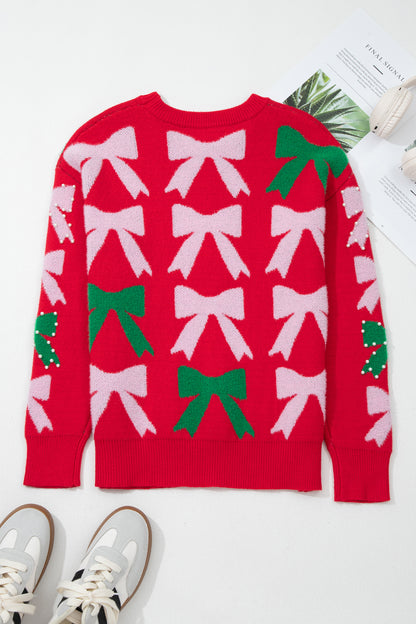 Valentine’s Day Bow Pearl Embellished Knit Sweater