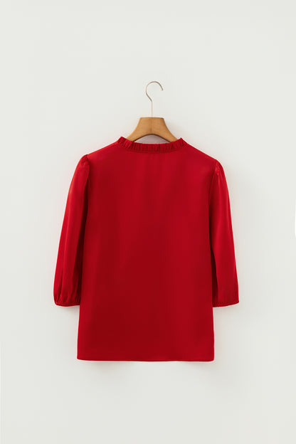 Dark Green Ruffle V Neck Bow Tie 3/4 Sleeve Blouse