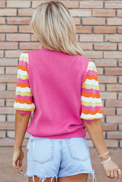 Pink Ribbed Knit Contrast Sleeve Sweater Top