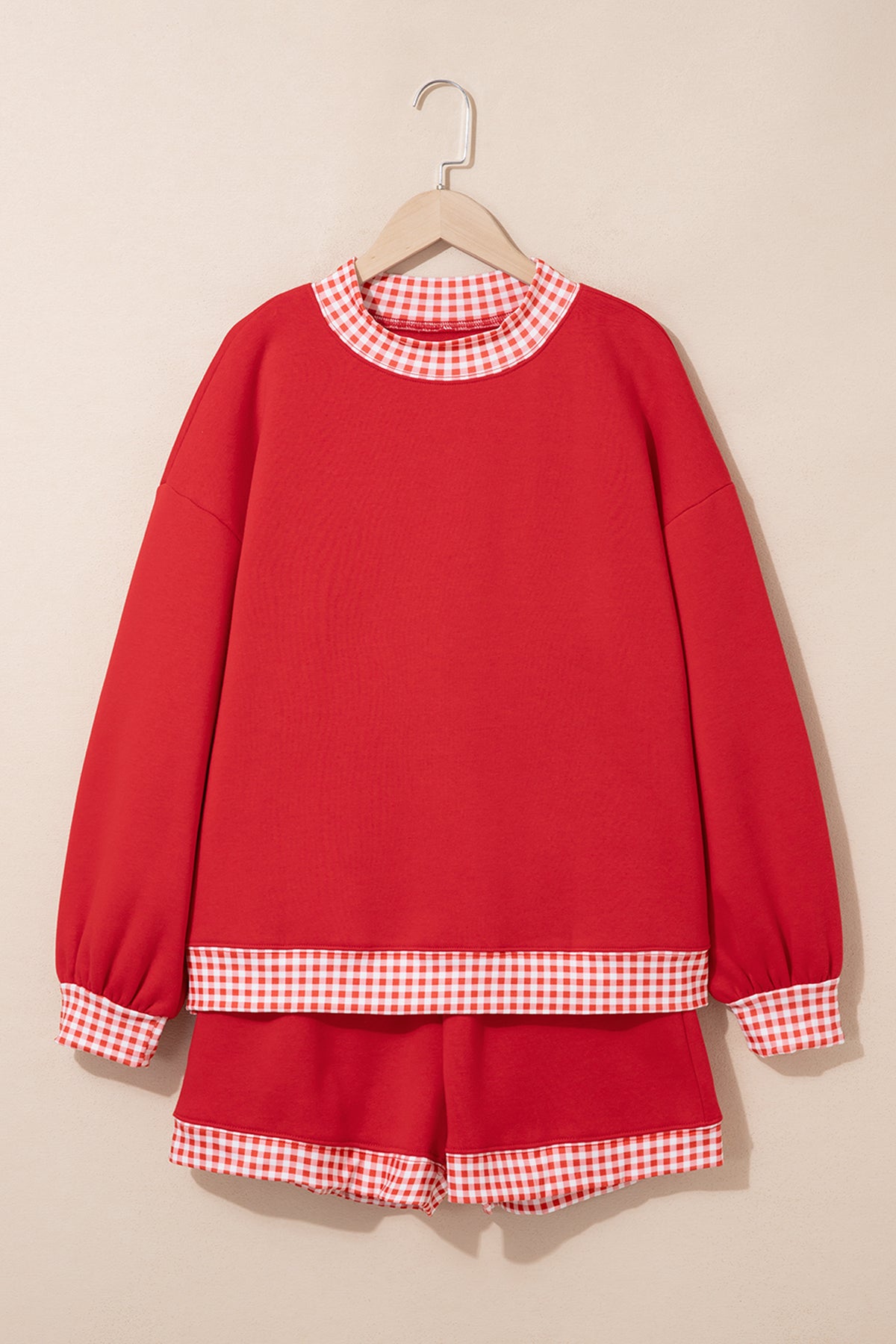 Red Gingham Trim Sweatshirt Shorts Two Piece Set