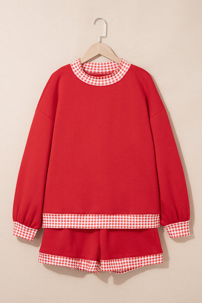 Red Gingham Trim Sweatshirt Shorts Two Piece Set
