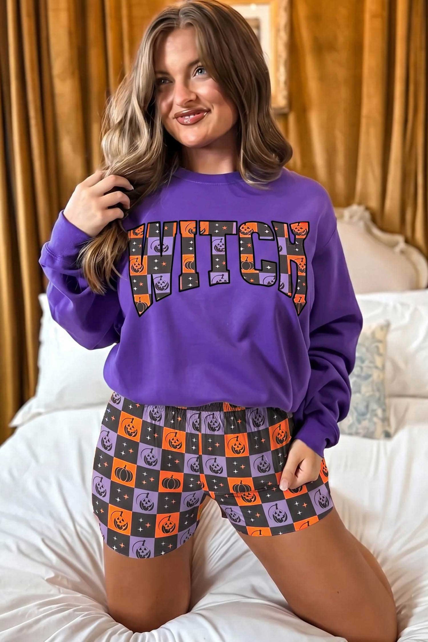 Halloween Witch Graphic Checkerboard Shorts Set
