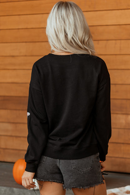 Black Sequin Ghost Bow Halloween Crew Neck Pullover Sweatshirt