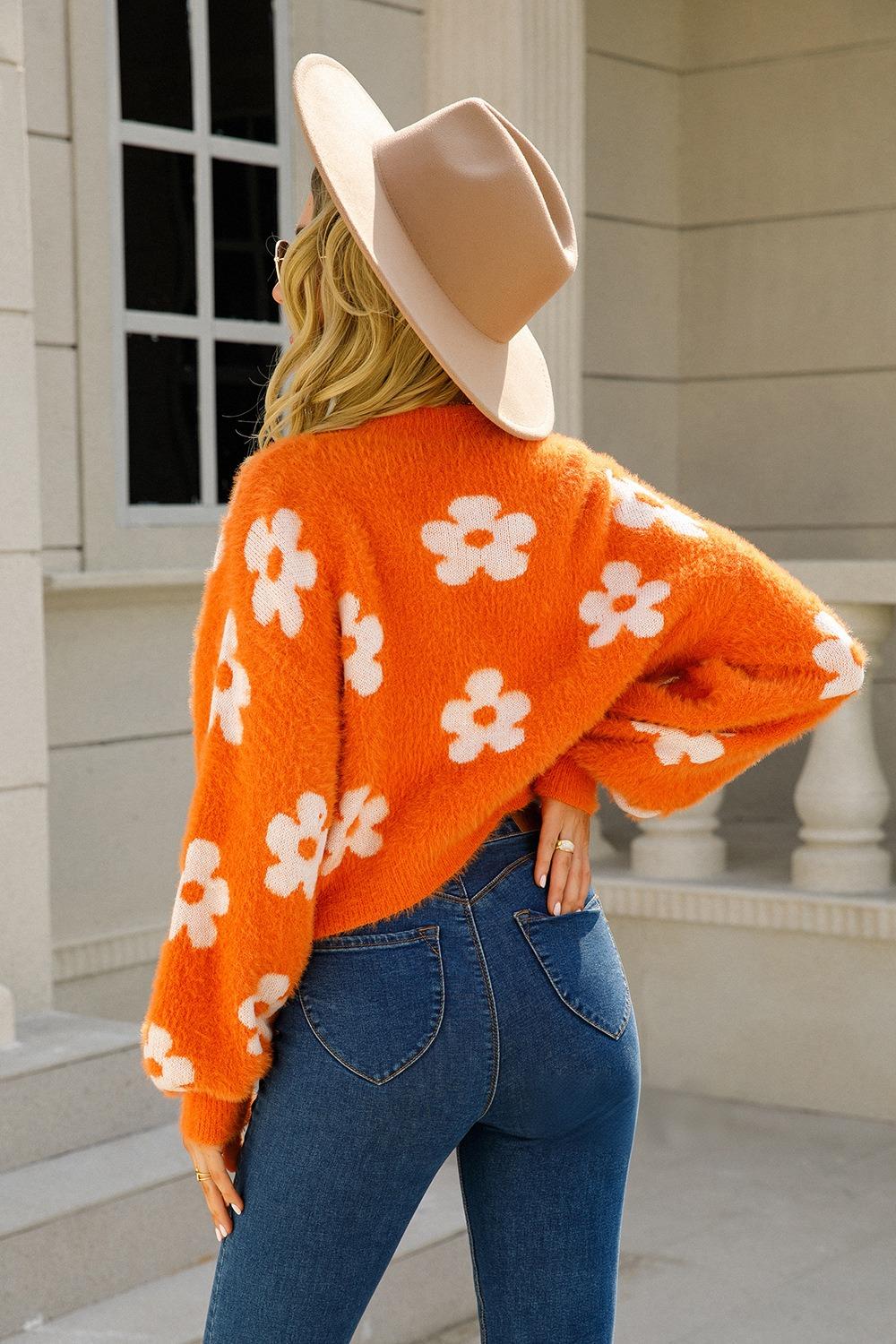 Floral Knit Crop Cardigan - Fuzzy V-Neck Sweater