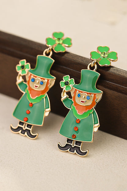 St. Patrick’s Green Leprechaun Clover Enamel Drop Earrings