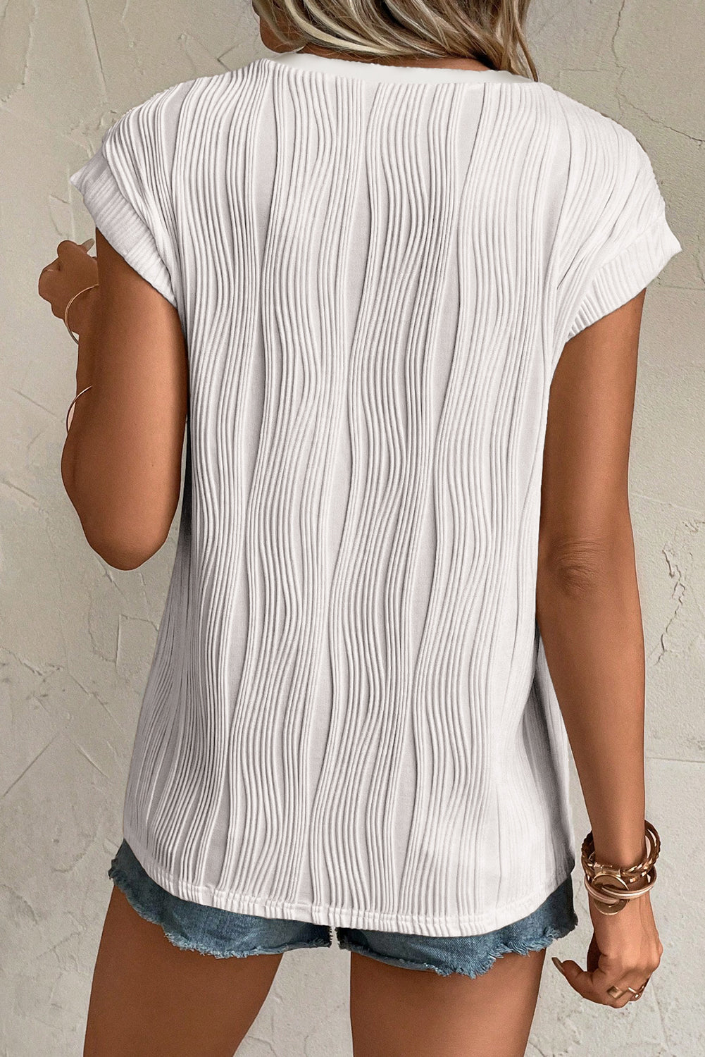 Ribbed V Neck Button Cap Sleeve Knit Top Casual