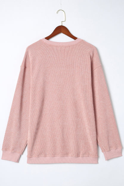 Customizable Solid Ribbed Knit Round Neck Casual PulloverSweatshirt