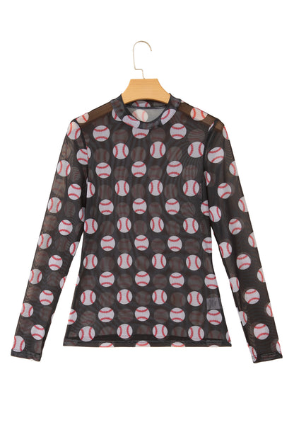 Football Print Mesh Mock Neck Game Day Long Sleeve Top