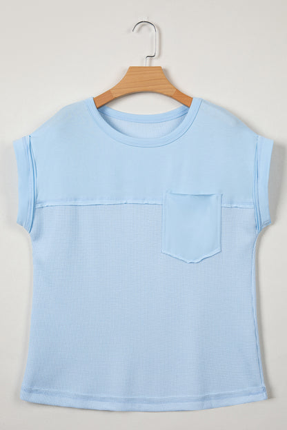 Waffle Knit Patchwork Pocket Loose Fit Casual T Shirt