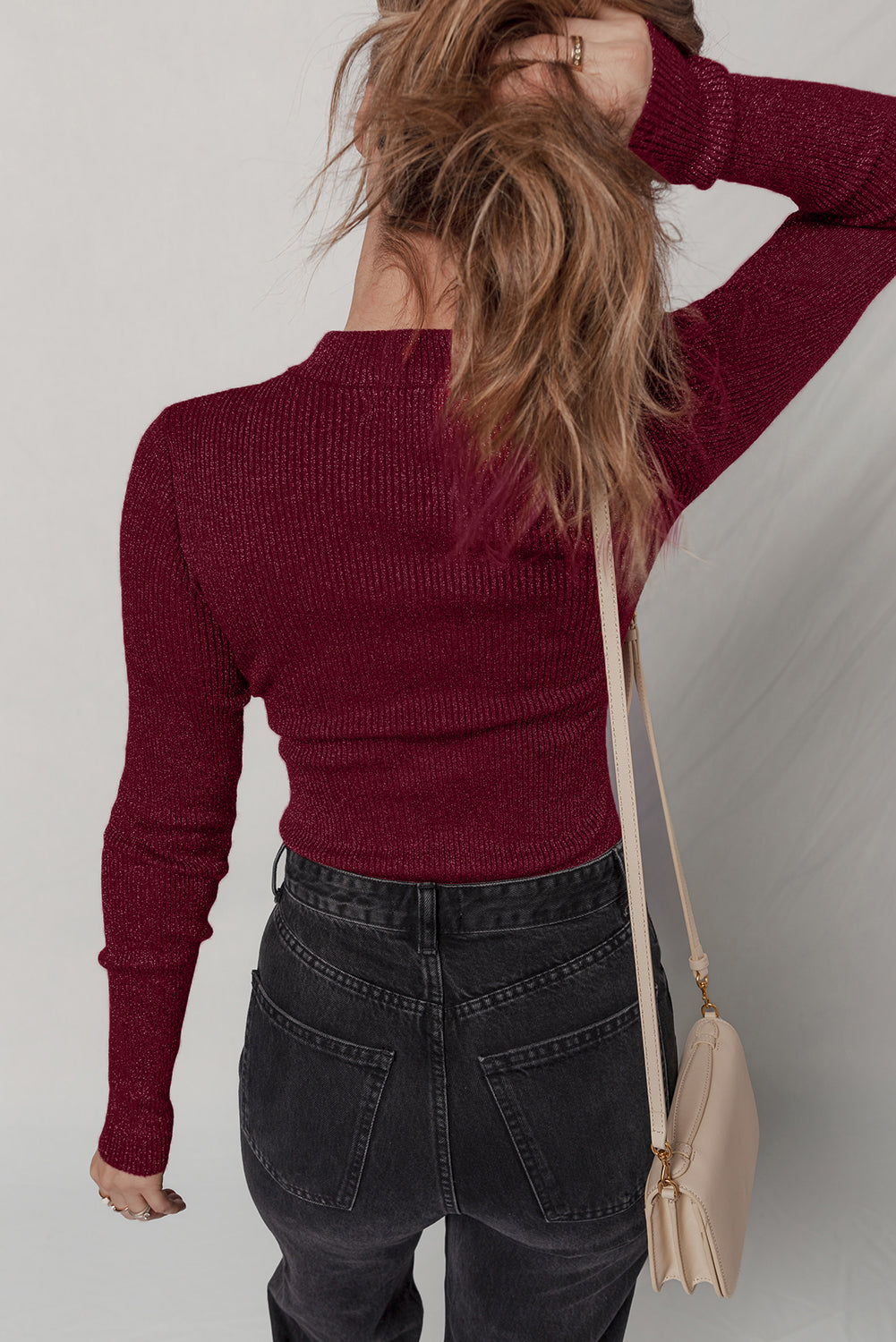 Red Metallic Ribbed Knit Long Sleeve Slim Fit Top